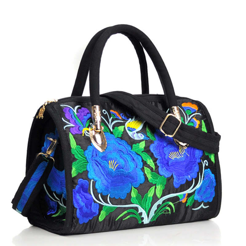 Money Tree Peony Camellia Double-Sided Embroidery Canvas Shopping Purse Handbag Crossbody Bag