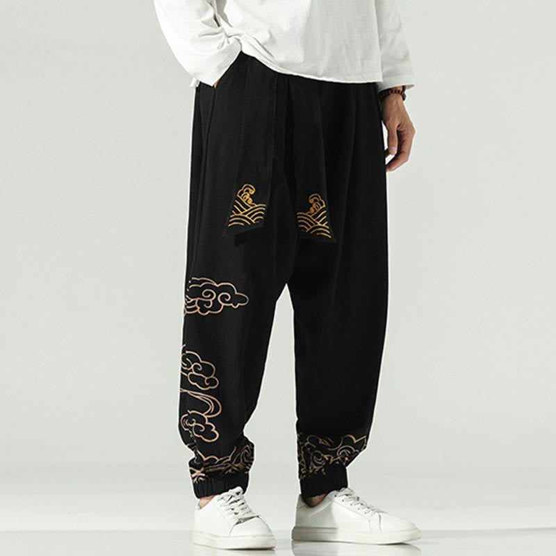Auspicious Clouds Cotton Linen Men's Drawstring Harem Pants With Pockets