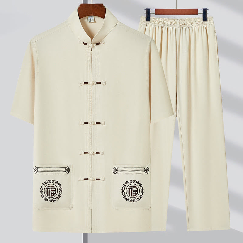Fu Character Embroidery Tang Suit Traditional Frog-Button Short Sleeve Top Pants Clothing Men's Set