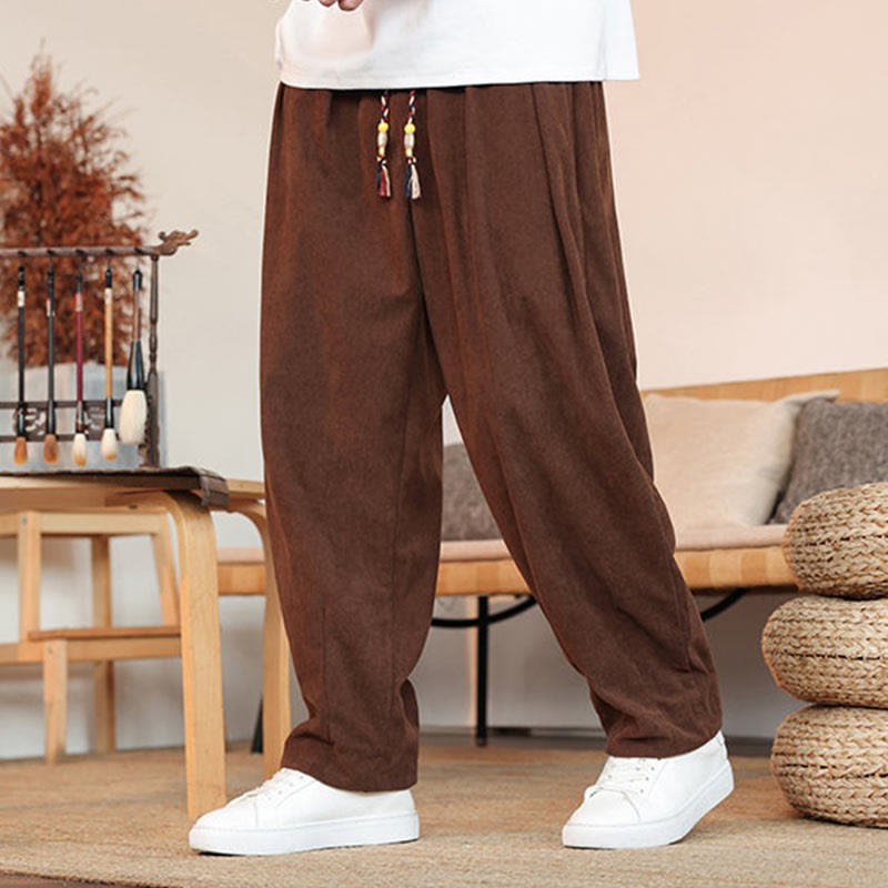 Fall Winter Men's Drawstring Corduroy Solid Pants With Pockets
