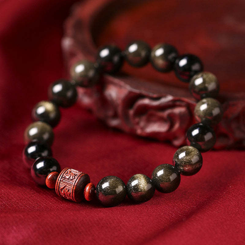 Natural Gold Sheen Obsidian Rainbow Obsidian Om Mani Padme Hum Fu Character Healing Bracelet