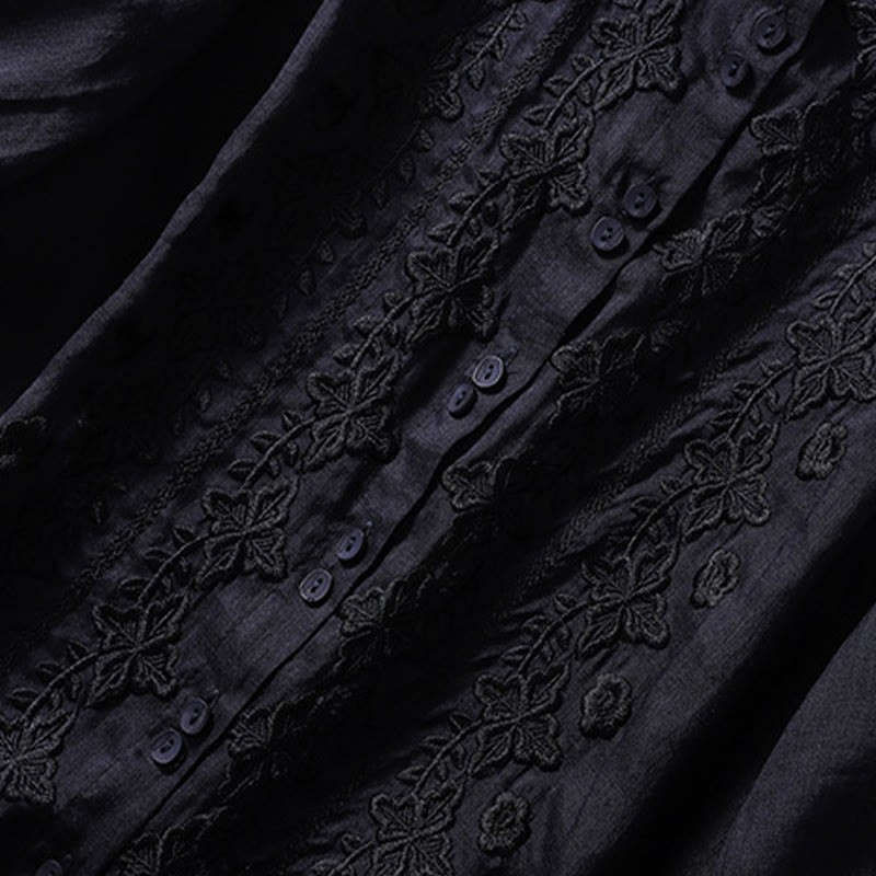 Summer Plain Button Embroidery Flower Pattern Three Quarter Sleeve Lapel Cotton Linen Women's Shirt