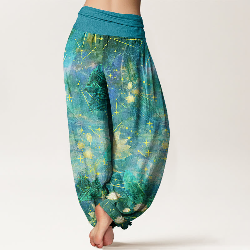 Koi Fish Lotus Moon Stars Pattern Women's Elastic Waist Harem Pants