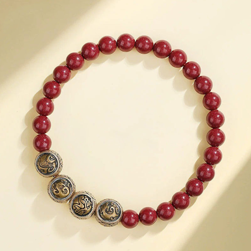 925 Sterling Silver Natural Cinnabar Four Beasts Blessing Bracelet