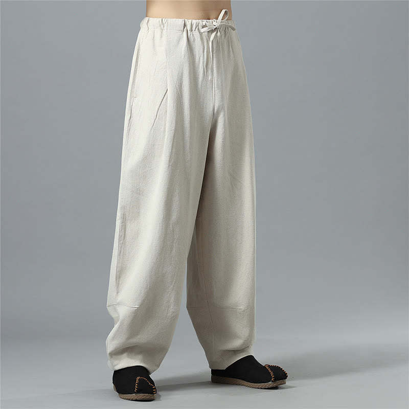 Casual Solid Color Drawstring Cotton Linen Men's Pants With Pockets