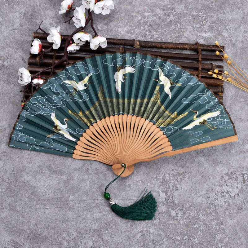 Cranes Auspicious Clouds Solid Color Gradient Handheld Cotton Linen Fabric Bamboo Folding Fan