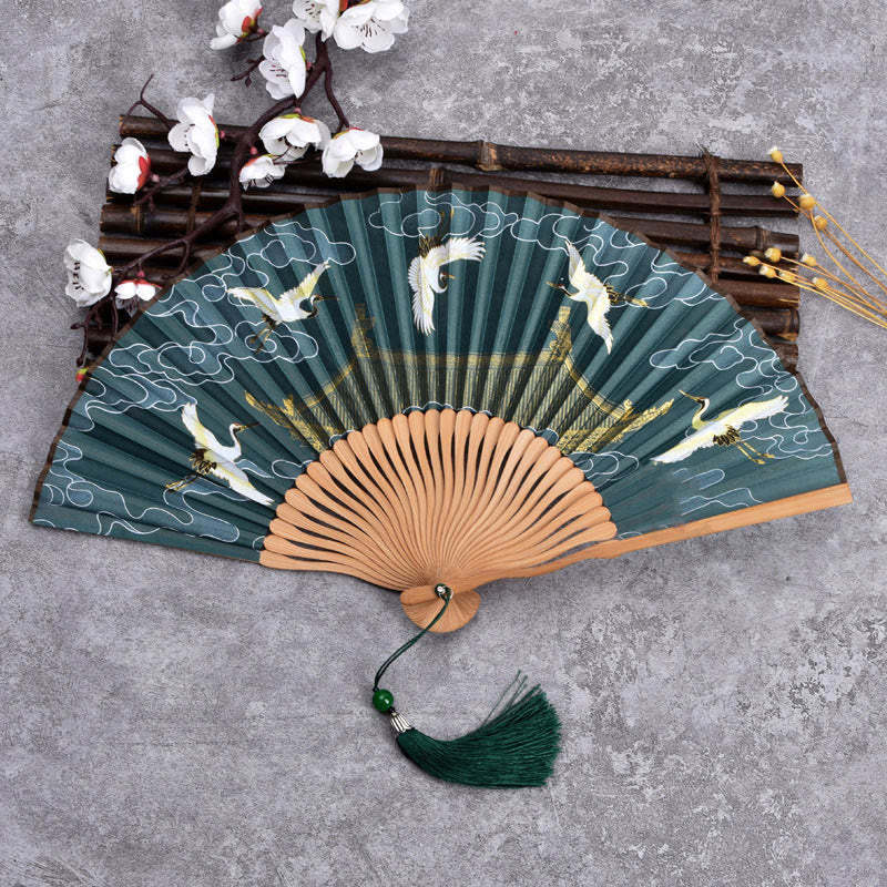 Cranes Auspicious Clouds Solid Color Gradient Handheld Cotton Linen Fabric Bamboo Folding Fan