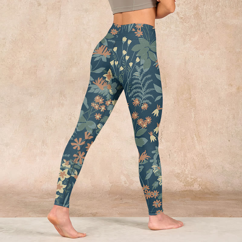 Casual Daisy Flowers Leaves Print Gym Fitness Leggings Women's Yoga Pants