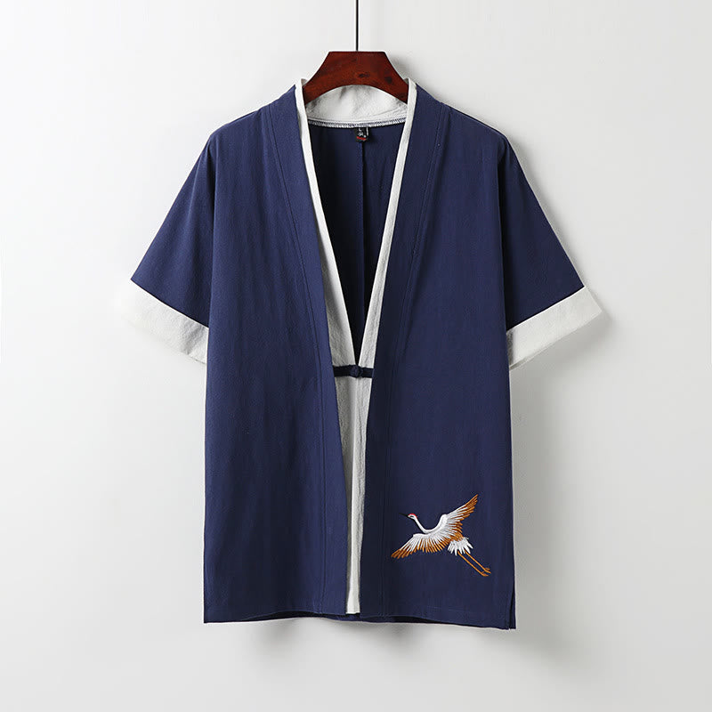 Fake Two-piece Men's Half Sleeve Cardigan Embroidery Hanfu Comfort Cotton Shirt