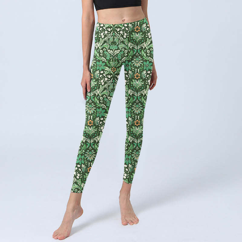 Green Stitching Symmetrical Flower Leaf Pattern Print Gym Leggings Women's Yoga Pants