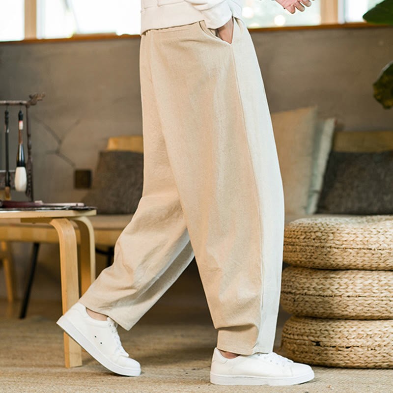 Solid Color Cotton Linen Drawstring Men's Harem Pants With Pockets