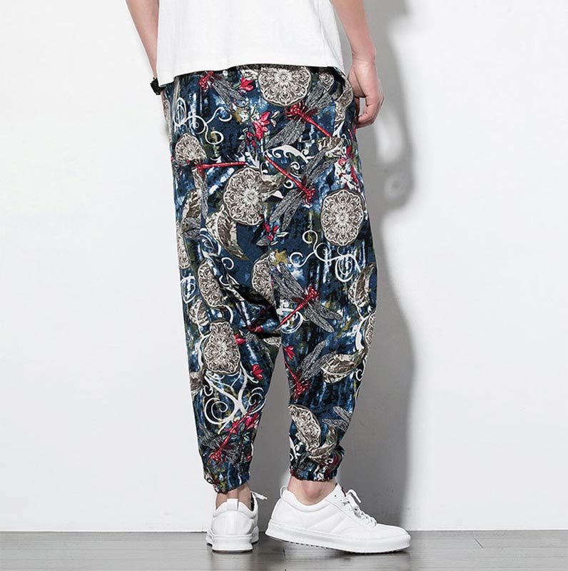 Red Dragonfly Dandelion Print Cotton Men's Harem Pants With Pockets
