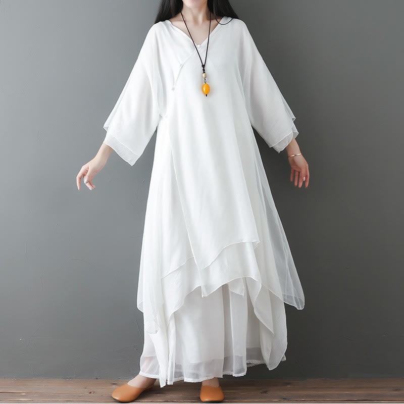 V-Neck Midi Tunic Dress Wide Leg Pants Meditation Zen Practice Dance Clothing