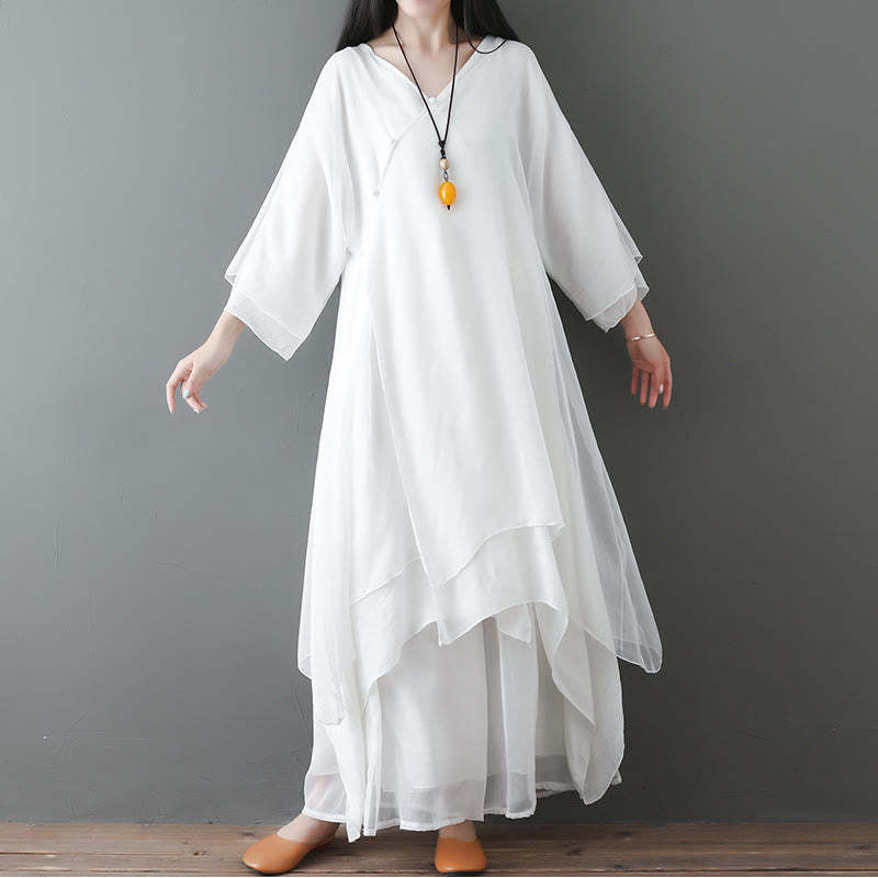 V-Neck Midi Tunic Dress Wide Leg Pants Meditation Zen Practice Dance Clothing
