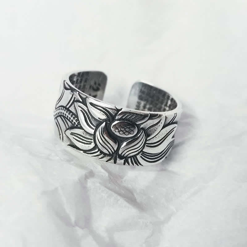 999 Sterling Silver Lotus Symbol Heart Sutra Protection Ring