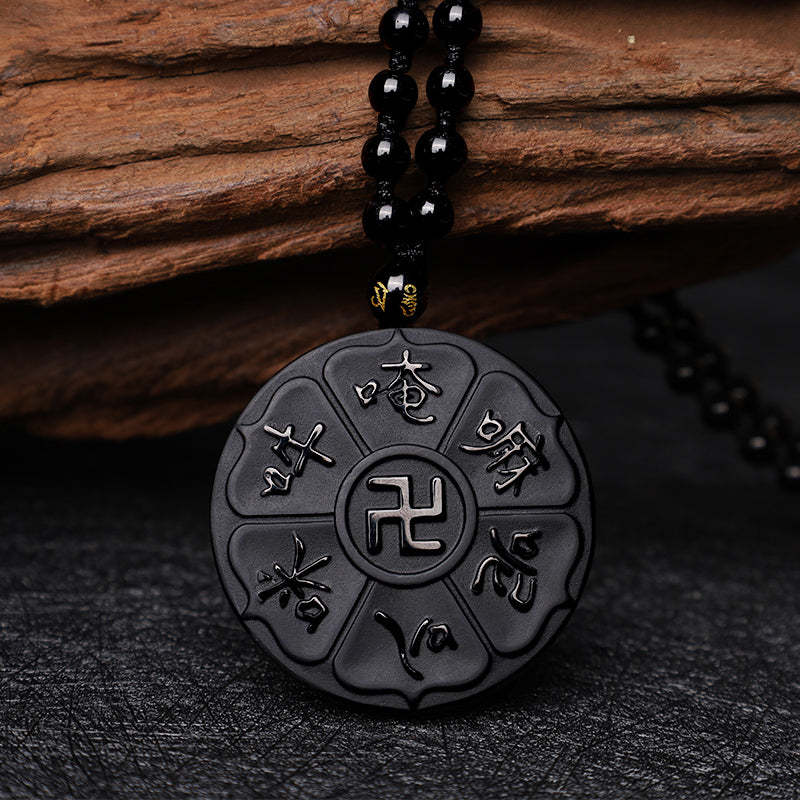 Natural Black Obsidian Tibetan Om Mani Padme Hum mystic zen Swastika Luck Necklace Pendant