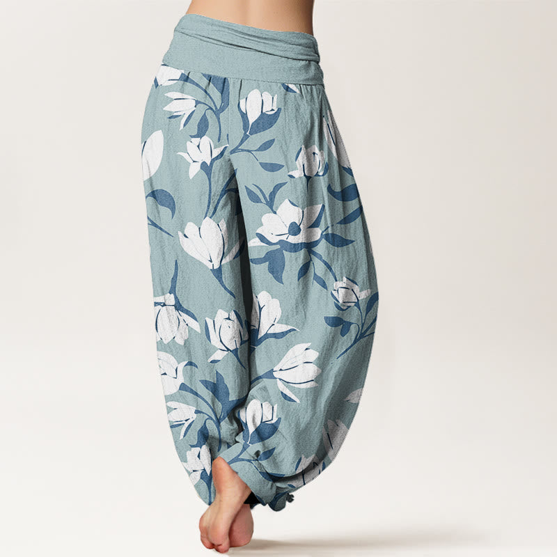 Retro Magnolia Flowers Women's Elastic Waist Harem Pants
