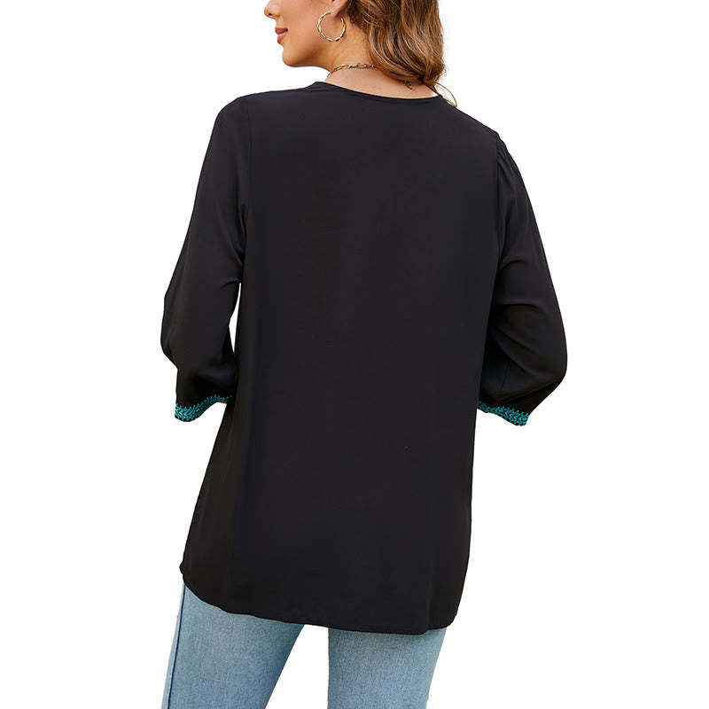 Summer Casual Embroidery Flower Leaf Half Sleeve V-neck Cotton Women's T-Shirt