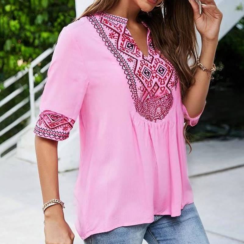 Summer Boho Embroidery Floral Pattern Half Sleeve V-neck Cotton Women's T-Shirt