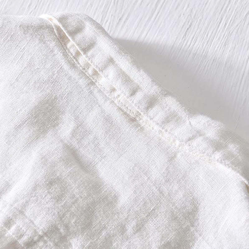 Simple Design Short Sleeve Lapel Linen Half Button Men's Shirt