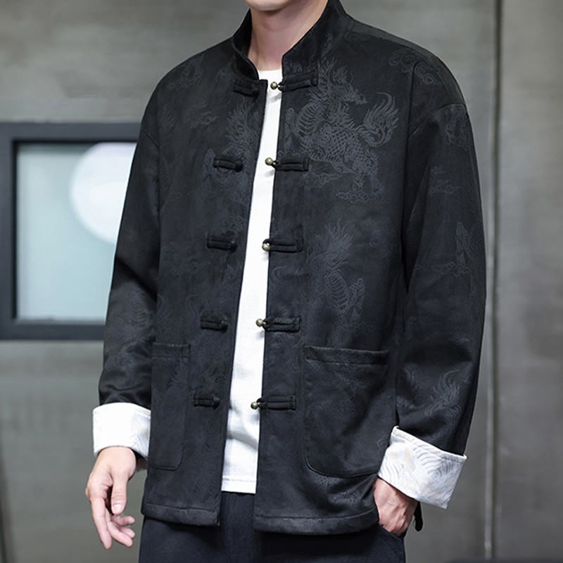 Chinese New Year Kirin Print Frog-button Tang Suit Men's Jacket Shirt With Pockets
