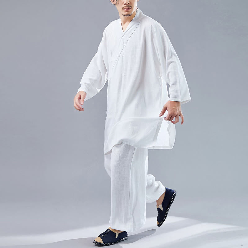 2Pcs V-Neck Men's Long Sleeve Shirt Top Pants Meditation Zen Tai Chi Cotton Linen Clothing Set