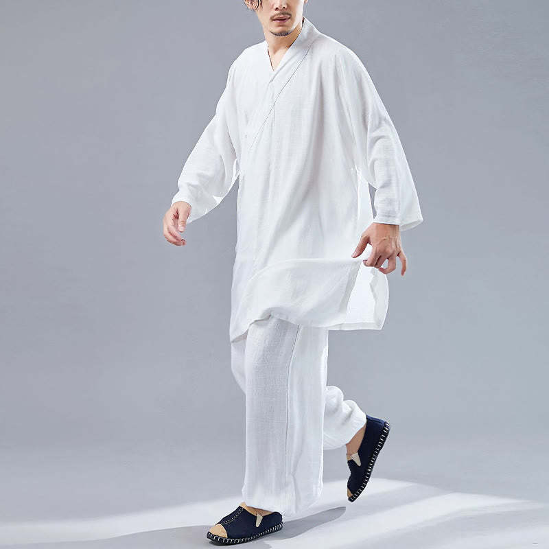 2Pcs V-Neck Men's Long Sleeve Shirt Top Pants Meditation Zen Tai Chi Cotton Linen Clothing Set