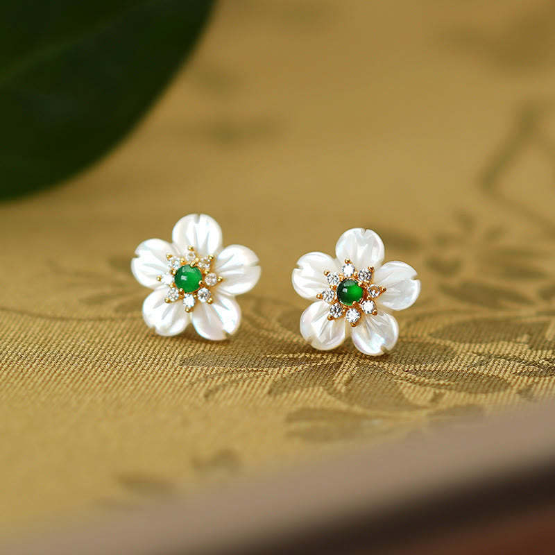 925 Sterling Silver Tridacna Stone Jade Flower Blessing Earrings
