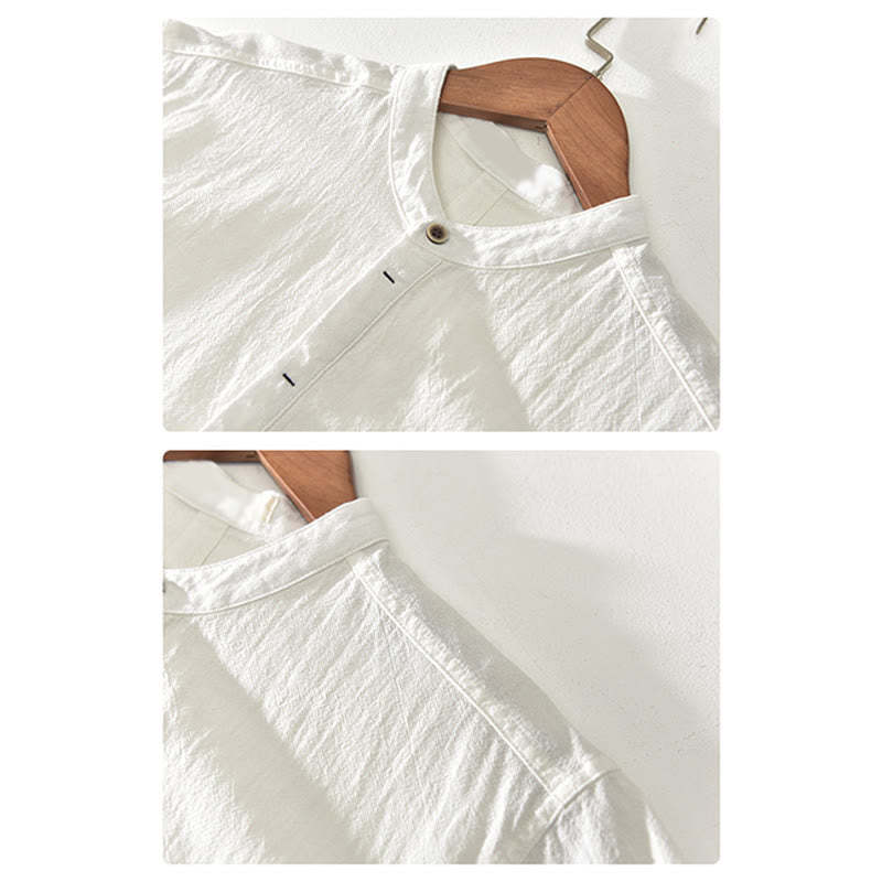 Solid Color Short Sleeve Half Button Shirt Cotton Linen Men Clothing