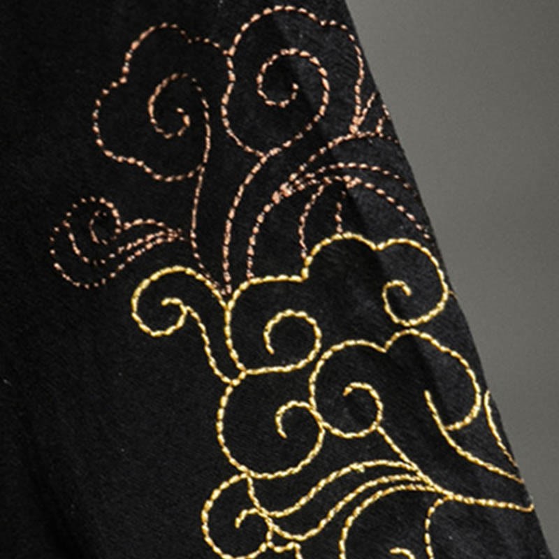 Frog-Button Chinese Dragon Auspicious Cloud Embroidery Half Sleeve Shirt Cotton Linen Men Clothing