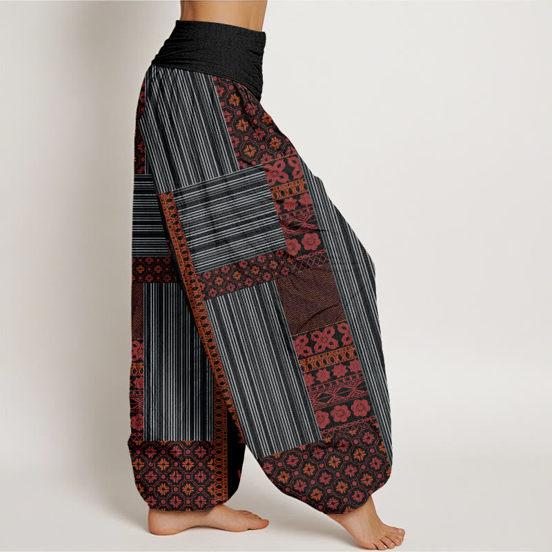 Stripe Square Floral Pattern Om Mani Padme Hum Women's Elastic Waist Harem Pants