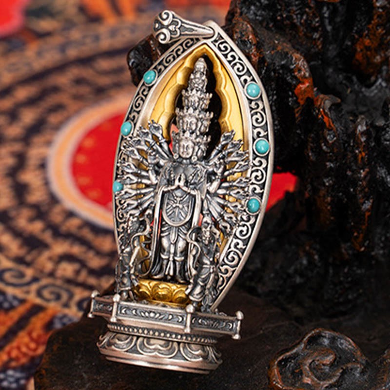 925 Sterling Silver Thousand-armed Guanyin Kwan Yin Avalokite?vara Wealth Necklace Pendant