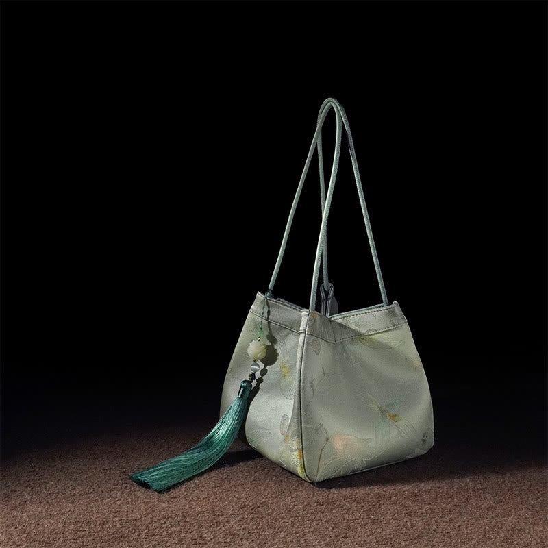 Retro Flower Butterfly Bird Embroidery Bead Tassel Mulberry Silk Jacquard Xiangyunsha Silk Shoulder Bag Hangbags