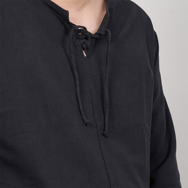 Solid Color Lace-up Long Sleeve Cotton Linen Men's Shirt