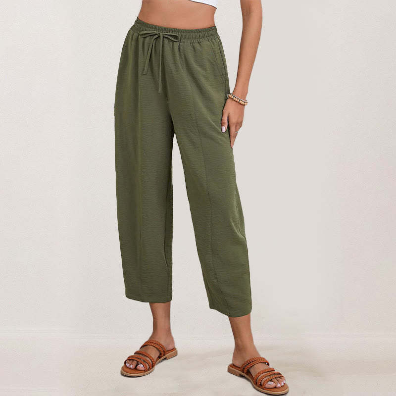 Casual Plain Loose Drawstring Women's Polyester 7/8 Length Pants  With Pockets