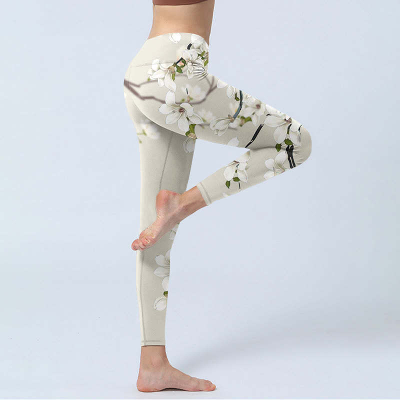 White Magnolia Flower Print Sports Fitness Leggings Women's Yoga Pants