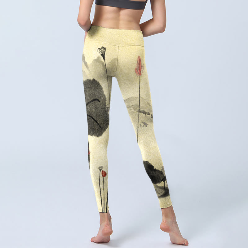 Lotus Mountains House Print Gym Leggings Women's Yoga Pants