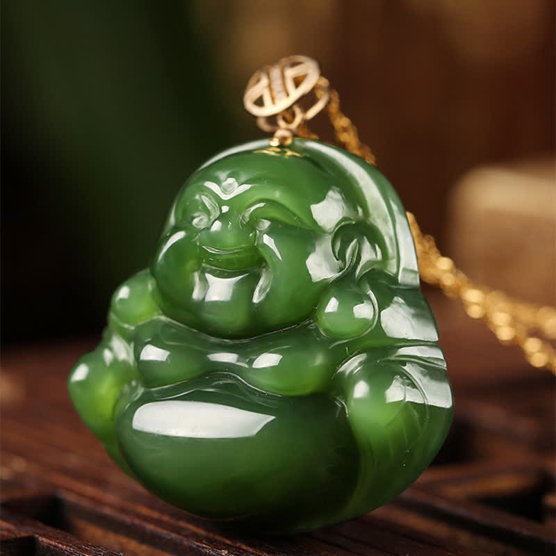 925 Sterling Silver Laughing mystic zen Hetian Cyan Jade 18K Gold Success Necklace Chain Pendant