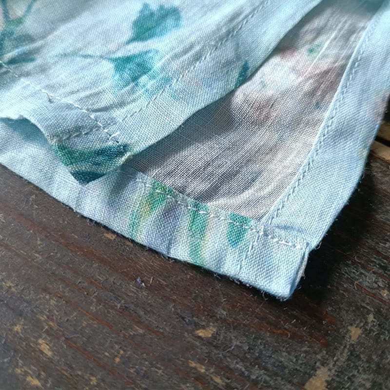 Light Green Pink Flowers Green Leaves Frog-Button Long Sleeve Ramie Linen Jacket Shirt