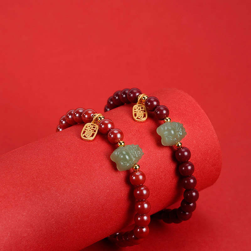 925 Sterling Silver Year of the Dragon Natural Cinnabar Hetian Jade Dragon Fu Character Ruyi As One Wishes Charm Blessing Bracelet (Extra 30% Off | USE CODE: FS30)
