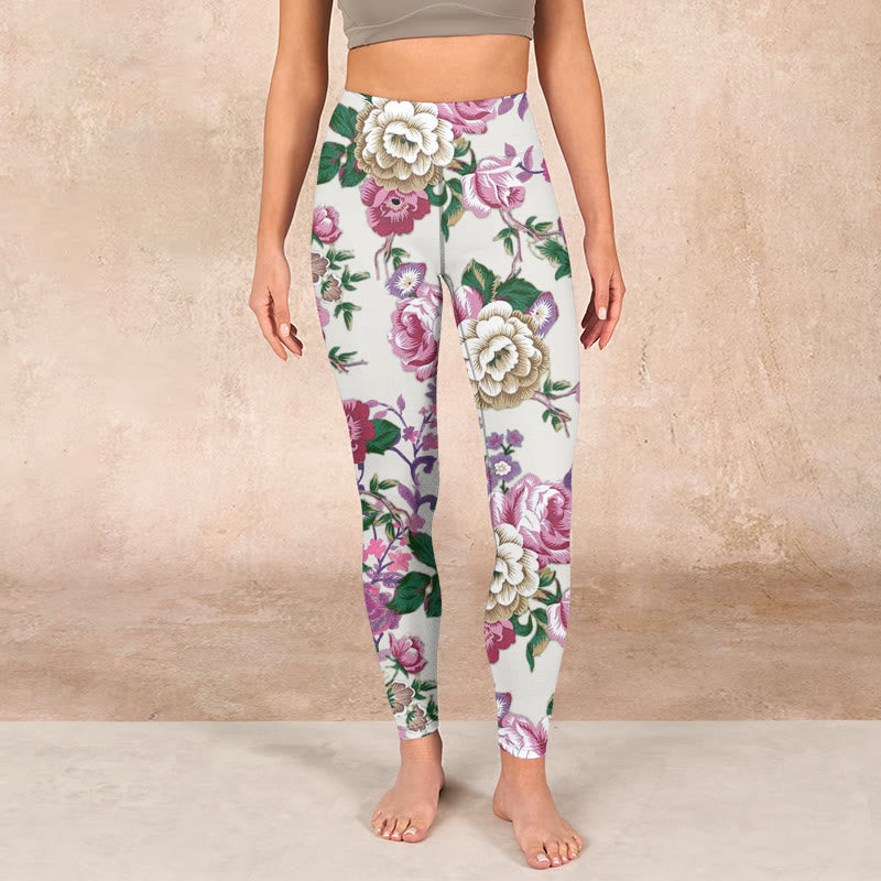 Red White Peony Flower Print Sports Leggings Women's Yoga Pants