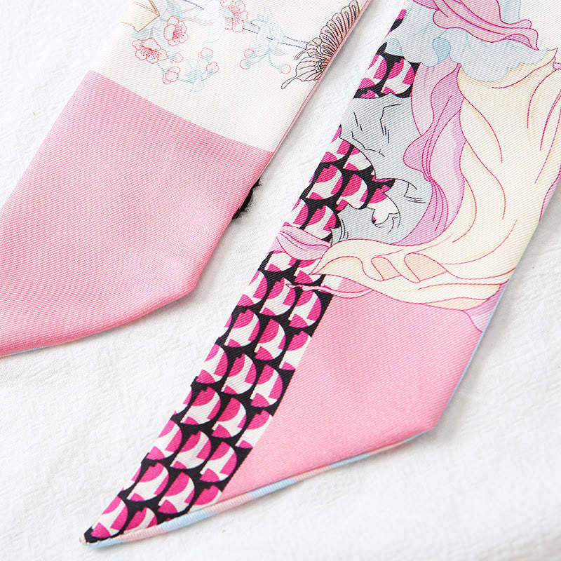 Dunhuang Frescoes Mountains Sunset Floral Pattern 100% Mulberry Twilly Silk Neck Hair Scarf
