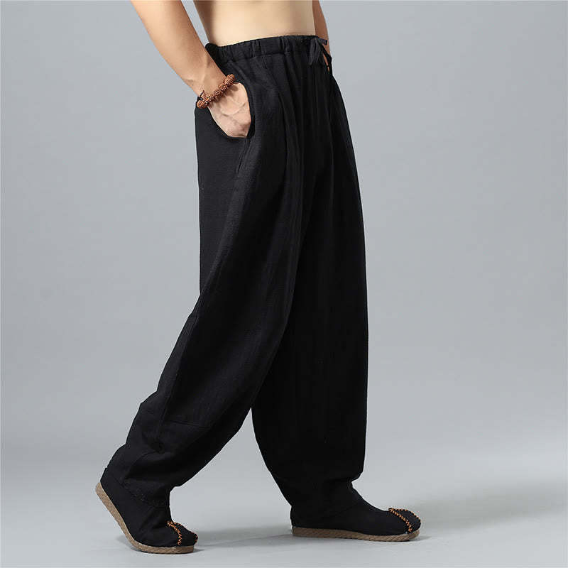 Casual Solid Color Drawstring Cotton Linen Men's Pants With Pockets
