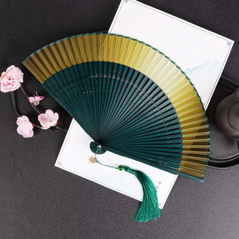 Cranes Auspicious Clouds Solid Color Gradient Handheld Cotton Linen Fabric Bamboo Folding Fan