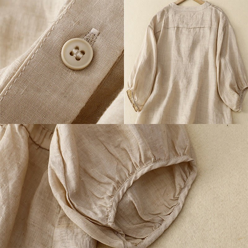 Spring Plain Button Half Puff Sleeve Waisted V-Neck Cotton Linen Women's Shirt