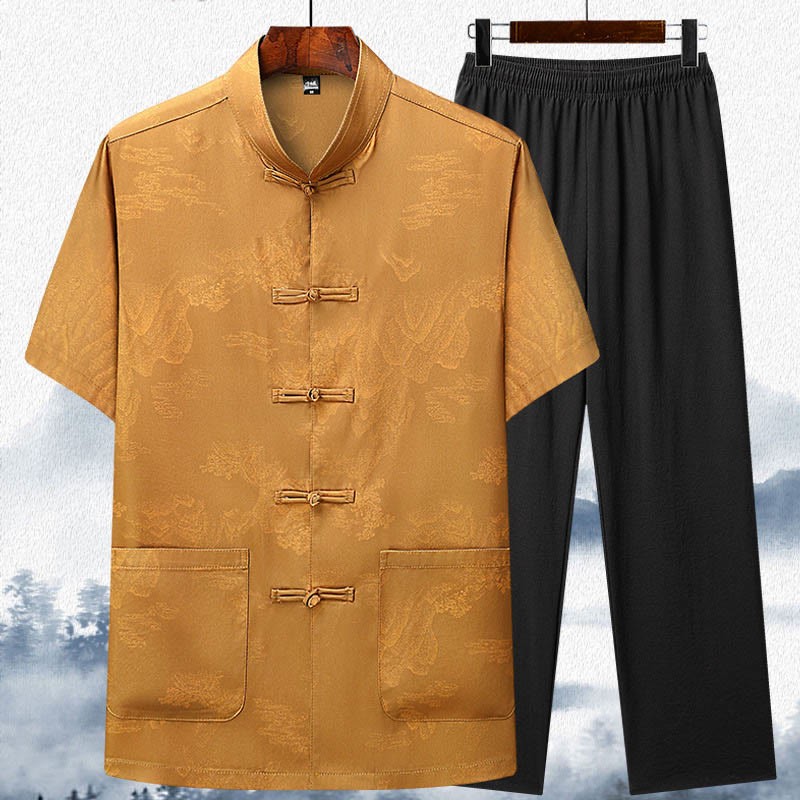 Mountains Trees Tang Suit Hanfu Traditional Uniform Short Sleeve Top Pants Clothing Men's Set