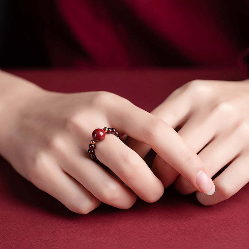Garnet Cinnabar Lucky Bead PiXiu Om Mani Padme Hum Rose Protection Ring