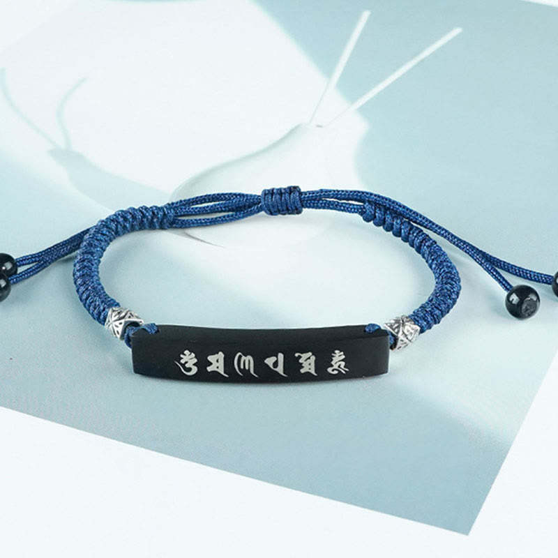 Buddhism Six True Words Wood Ebony Wood Silver Inlaid Protection Bracelet