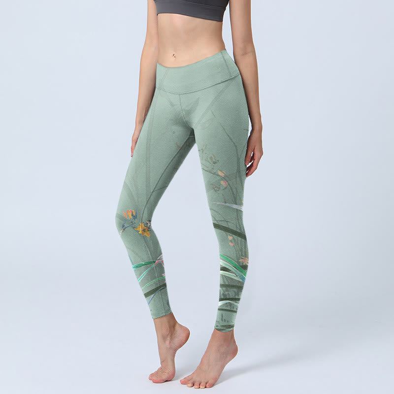 White Pink Orchids Leaves Print Gym Leggings Women's Yoga Pants