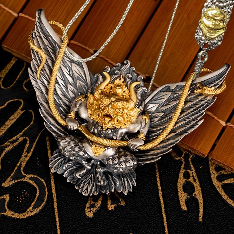 925 Sterling Silver Tibetan Garuda Bird Dragon Snake Wisdom Necklace Pendant